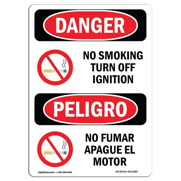 OSHA Sign, No Smoking Turn Off Ignition Bilingual, 18in X 12in Alum, 12" W, 18" L, Spanish